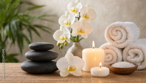 Relaxing spa wellness composition with white orchid flowers, zen stones, and candles on bamboo