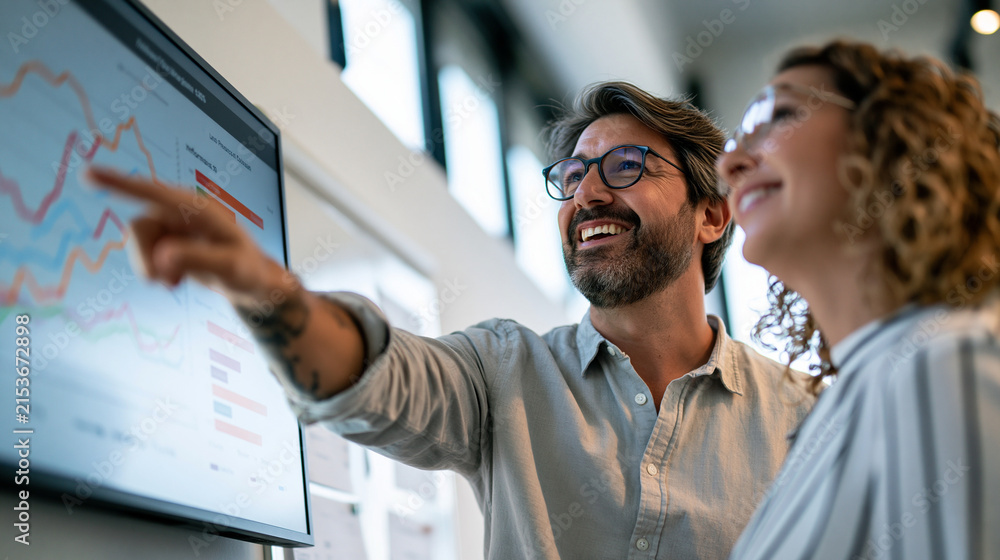 Obraz premium Operations manager in a casual button-down shirt walking an external auditor through a supply-chain performance dashboard on a wall-mounted screen, both standing near a whiteboard,