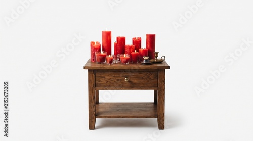 Red candles on a rustic wooden nightstand for romantic home decor and holiday atmosphere