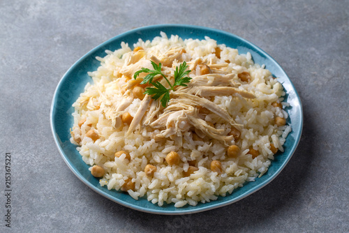 Traditional Turkish Rice Pilaf with Shredded Chicken and Chickpeas - Turkish name; tavuklu pilav