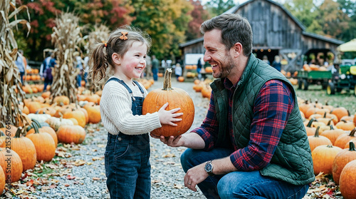 Father and Daughter Choosing Pumpkin Together at Farm with Barn Background, Family Bonding Moment During Autumn Pumpkin Patch Visit