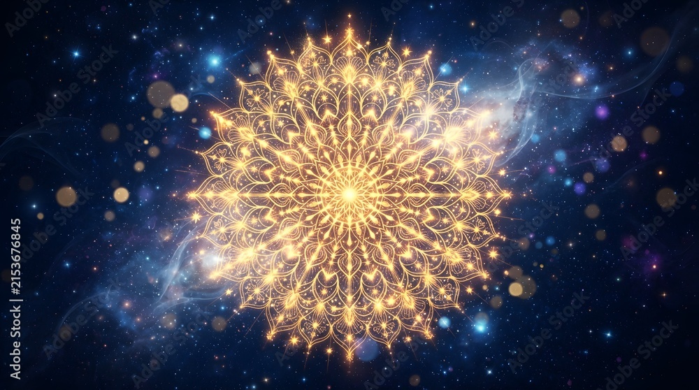 Fototapeta premium Golden mandala pattern on a dark blue cosmic background with sparkling stars and bokeh lights