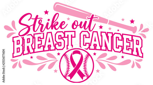 Strike out breast cancer awareness design with a pink baseball bat and ribbon perfect for sports themed charity event apparel
