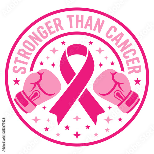 A circular badge design featuring boxing gloves and a ribbon to support breast cancer awareness and show strength against illness