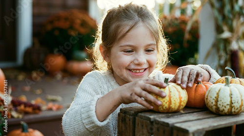 Smiling Little Girl Playing with Mini Pumpkins on Wooden Crate Outdoors, Cute Child Enjoying Autumn Harvest Season at Farm
