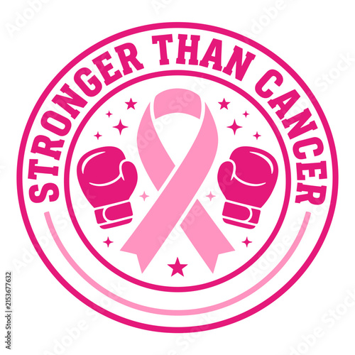 Stronger than cancer emblem featuring a pink ribbon and boxing gloves to support the annual breast cancer awareness month campaign