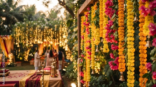 Traditional indian wedding decor with marigold flower garlands and hanging bells