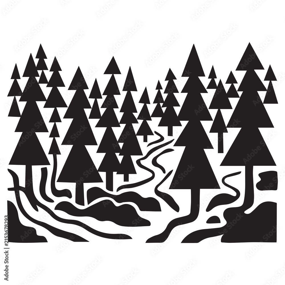 Obraz premium Stylized black silhouette graphic of a coniferous pine forest with nature inspir