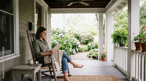 Woman Relaxing in Rocking Chair on Front Porch Reading Book, Peaceful Summer Afternoon with Green Plants and Wooden Deck