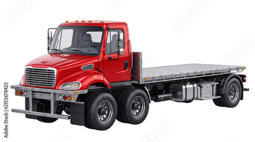Photography Red flatbed truck with dual rear wheels and chrome isolated on png transparent b