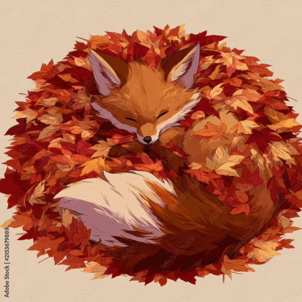 Naklejka premium A fox is curled up in a pile of colorful autumn leaves in a forest. The warm colors of russet create a cozy scene.