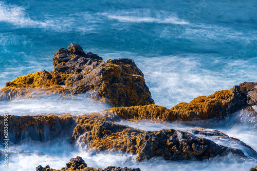 Close up of ocean water rushing over volcanic rocks with yellow moss and algae