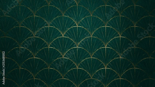 Elegant Dark Green Wallpaper with Intricate Gold Line Art Deco Fan Scales and Textured Fabric Appearance