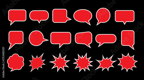 Red speech bubbles and comic style explosion clouds isolated on black background for design elements or chat messaging.