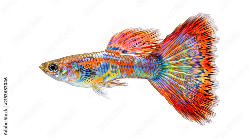 Fototapeta premium Male guppy fish with vivid orange, purple, and blue isolated on png transparent background