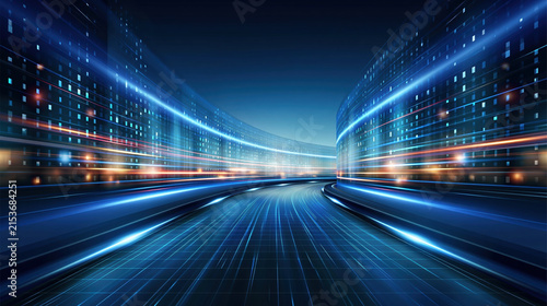 Digital abstract futuristic road motion curve blue city skyline