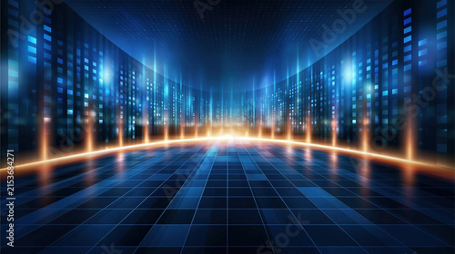 Digital abstract futuristic cityscape with glowing blue grid floor