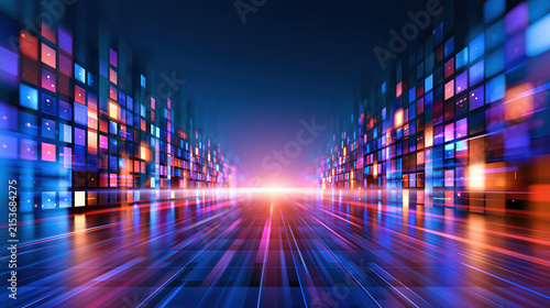 Digital abstract light corridor with vibrant neon grid glow