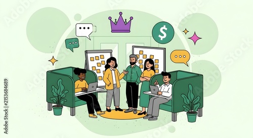 Diverse team collaborating in modern office with creative brainstorming and financial success icons