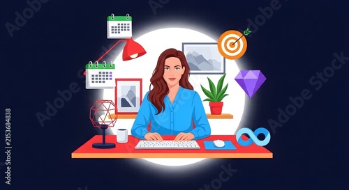 Creative professional woman working at modern desk with digital tools and brainstorming visuals