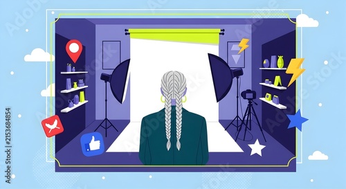 Professional presenting in modern studio with social media engagement icons and spotlight effect
