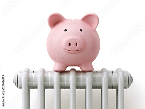 Pink piggy bank on a heating radiator isolated on white background, symbolizing rising heating tariffs, energy efficiency, home utility costs, and money saving.