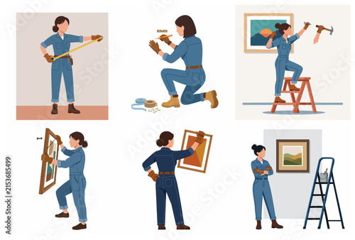 Set of flat illustrations of a woman doing DIY home improvement and hanging pictures on the wall