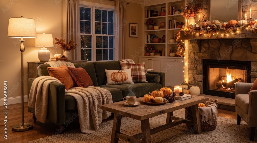 Fototapeta premium Warm autumn living room with cozy sofa, blankets and seasonal decor, comfortable home interior and relaxing fall evening.