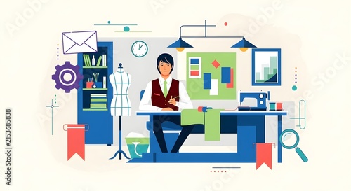 Creative professional working at modern desk with digital tools and office supplies in vibrant workspace