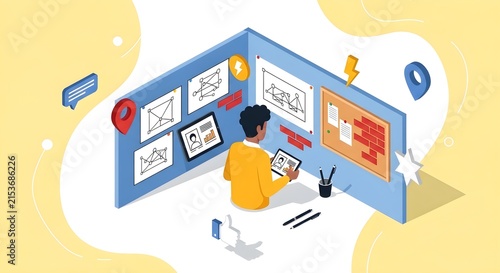 Creative professional brainstorming session with diverse team collaborating on digital whiteboard in modern office