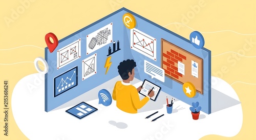 Creative professional analyzing digital data with futuristic interface and brainstorming tools on cloud workspace