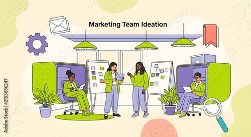 Diverse Marketing Team Brainstorming Session in Modern Office with Strategy Visuals and Collaboration Tools