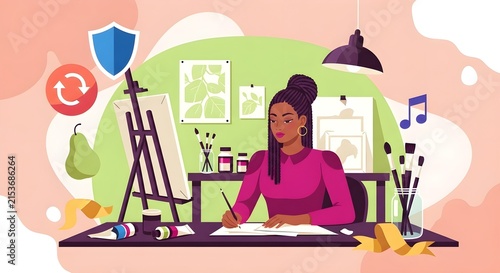 Creative professional designing digital graphics at a modern workspace with branding tools and inspiration