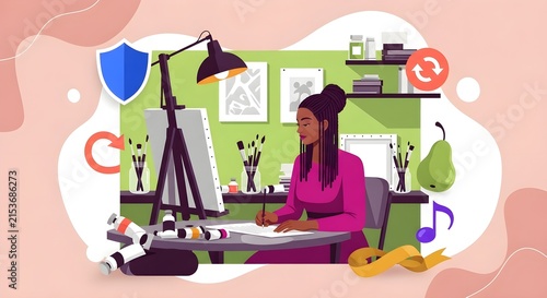 Creative professional working on digital design project in modern home office with security and communication icons