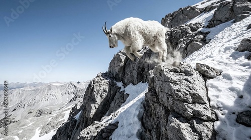 Mountain Goat Leaping Between Rocky Outcrops on Alpine Cliff