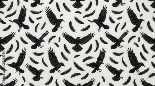 Dense black raven feather pattern for Halloween textiles, gothic wallpaper, luxury packaging and dark fashion design.