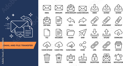 Email and file transfer icons indicating sending in interface. Editable stroke