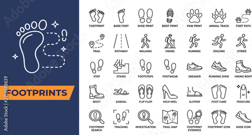 Footprints icon set. Human bare feet steps and travel symbol.