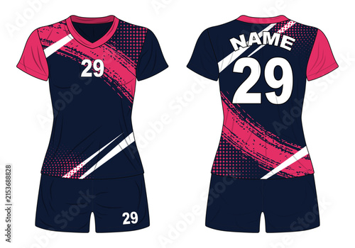 Women Volleyball and Sports Jersey Design Template with Pink and Navy Blue Abstract Sublimation Pattern