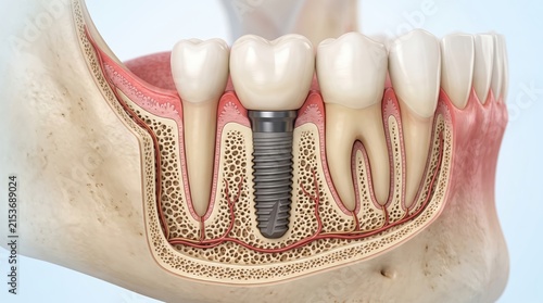 Cross section dental implant in lower jaw showing titanium screw placed in mandible with surrounding bone, gum tissue and adjacent teeth, medical educational illustration