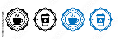 Set of four coffee cup and beverage icons featuring circular vintage style badges for cafe branding designs isolated on transparent background isolated on transparent background