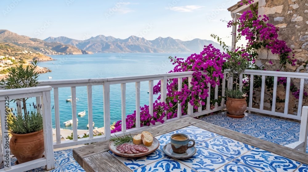 Fototapeta premium Balcony breakfast setup with coffee, bread and charcuterie overlooking mediterranean sea and coastal mountains, bright relaxed morning terrace dining mood