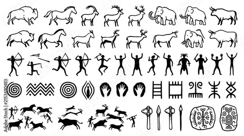 Obraz na plátně Ancient petroglyph cave art vector collection with primitive hunters stone age a