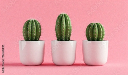 Minimalist Succulent Cactus Plants in White Pots on Pink Background