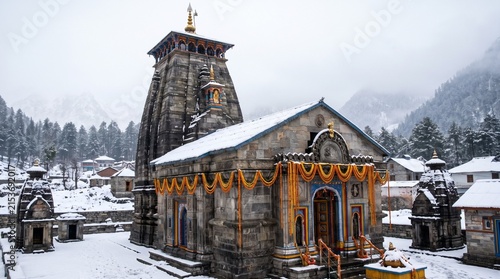 Kedarnath temple, shrine covered with snow. Kedarnath temple is a Hindu temple dedicated to Shiva. Located on the Garhwal Himalayan range near the Mandakini rive