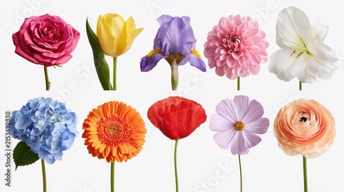 Collection of Ten Different Colorful Flowers Isolated on White Background.
