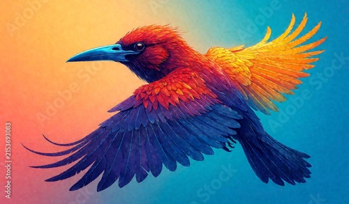 Vibrant Scarlet Bird in Flight Against Colorful Gradient Sky