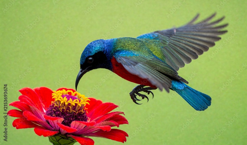 Naklejka premium Vibrant Hummingbird Feeding on Red Flower in Green Background