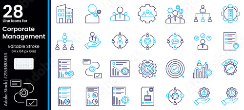 Corporate Management Icons Set – Business Strategy, Team Leadership, Organization, Planning, Performance, Workflow and Management Symbols in Editable Stroke Vector Collection, blue duotone 