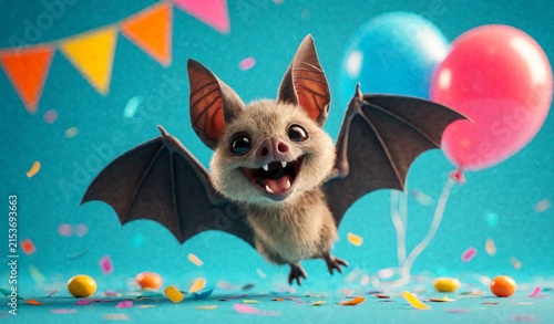 Cute Flying Bat Character with Wings and Balloons Celebration